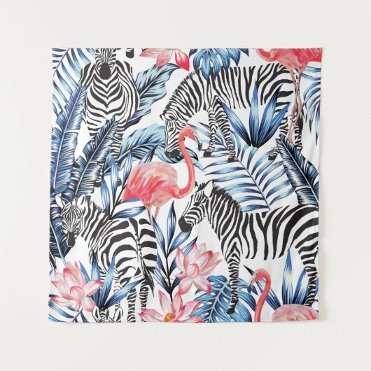 Tropischer Flair: Flamingo Zebra Paradise Wandteppich (Vorderseite)