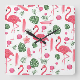 Tropischer Flamingo des rosa grünen Aquarells mit Quadratische Wanduhr