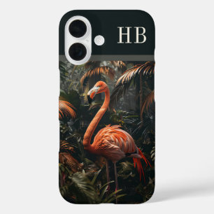 Tropischer Flamingo-Dschungel Monogram Personalisi iPhone 16 Hülle