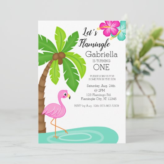Tropischer Flamingo Erster Geburtstag Einladung (Stehend Vorderseite)