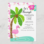 Tropischer Flamingo Erster Geburtstag Einladung (Vorne/Hinten)