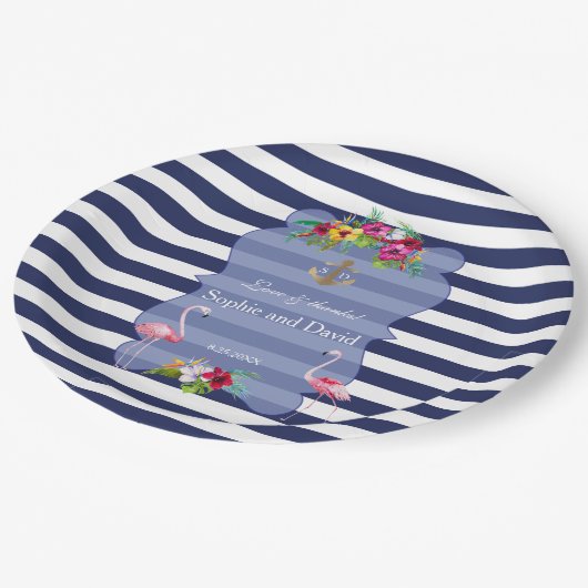 Tropischer Flamingo Floral Luau Marinestreifen Hoc Pappteller (Schrägansicht)