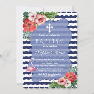 Tropischer Flamingo Floral Luau Navy Blue Taufe Einladung