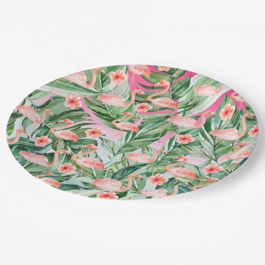 Tropischer Flamingo-Hibiskus Rosa Minze Blüte Pappteller (Schrägansicht)