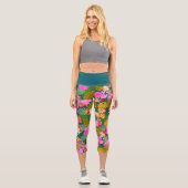 Tropischer Flamingo Jägergrün Capri Leggings (Vorderseite)