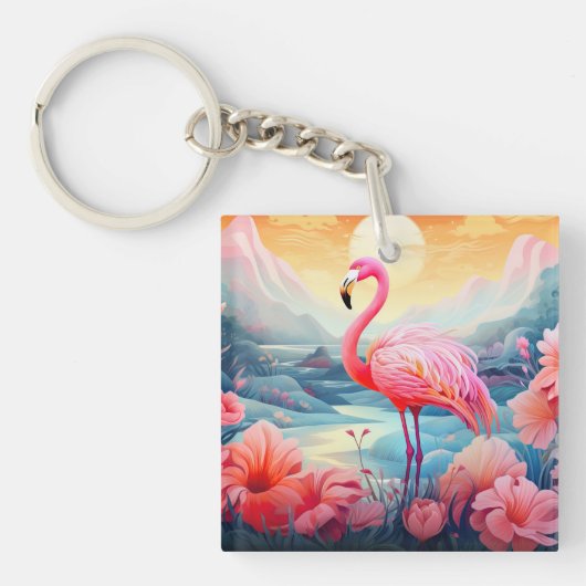 Tropischer Flamingo mit Blume-76280 Schlüsselanhänger (Vorderseite)