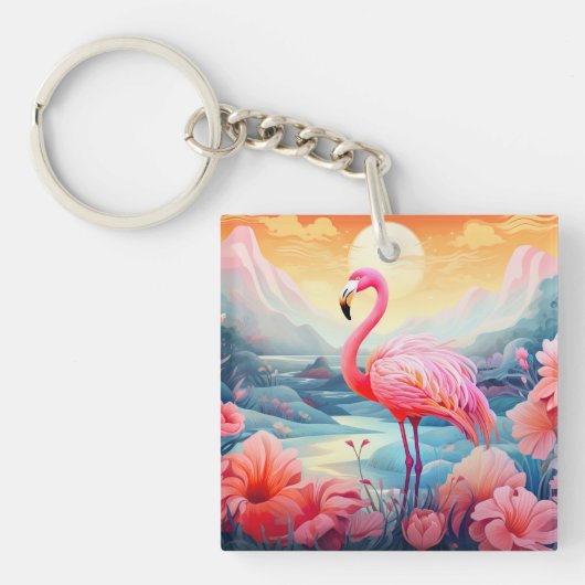 Tropischer Flamingo mit Blume-76280 Schlüsselanhänger (Vorderseite)
