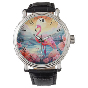Tropischer Flamingo mit Blumen Armbanduhr