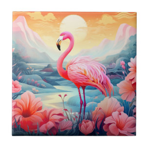 Tropischer Flamingo mit Blumen Fliese