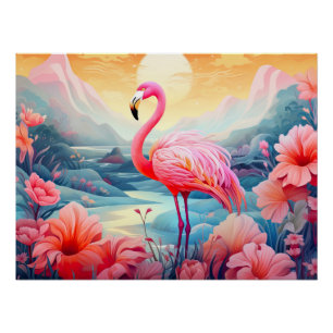 Tropischer Flamingo mit Blumen Poster