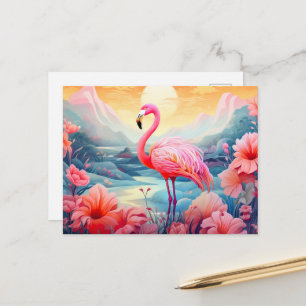 Tropischer Flamingo mit Blumen Postkarte