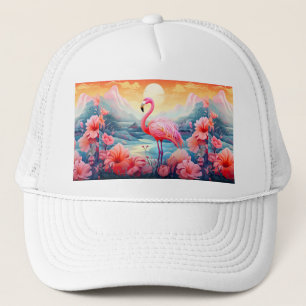 Tropischer Flamingo mit Blumen Truckerkappe
