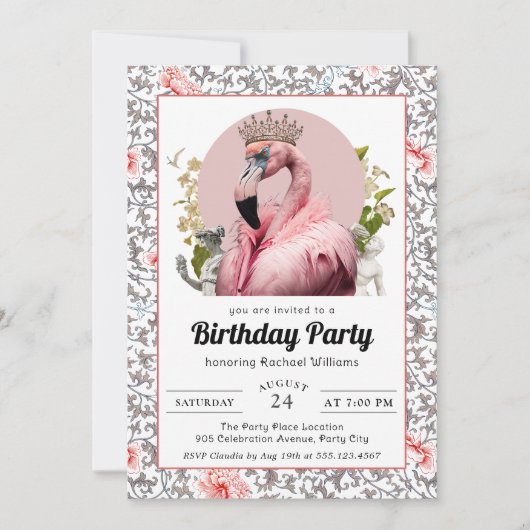 Tropischer Flamingo mit Crown Birthday Party Einladung (Vorderseite)