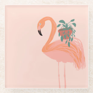 Tropischer Flamingo mit gepolsterter Pflanze Hand Glasuntersetzer