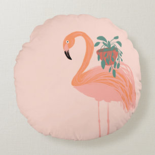 Tropischer Flamingo mit gepolsterter Pflanze Hand Rundes Kissen