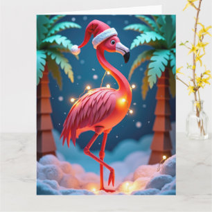 Tropischer Flamingo mit Lichtern in Schneeweihnach Karte