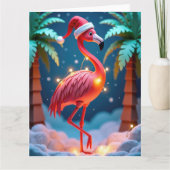 Tropischer Flamingo mit Lichtern in Schneeweihnach Karte (Vorderseite)