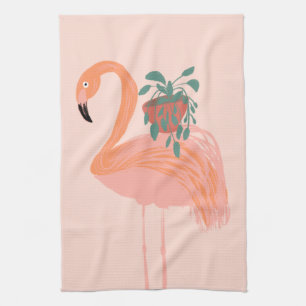 Tropischer Flamingo mit Topfpflanze Handgezeichnet Geschirrtuch