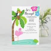 Tropischer Flamingo mit Toucan Geburtstag Einladung (Stehend Vorderseite)