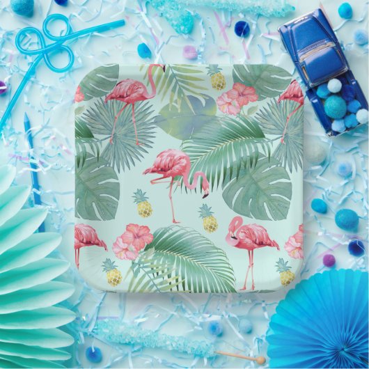 Tropischer Flamingo, Palmen, Ananas Muster ID926 Pappteller (Party)