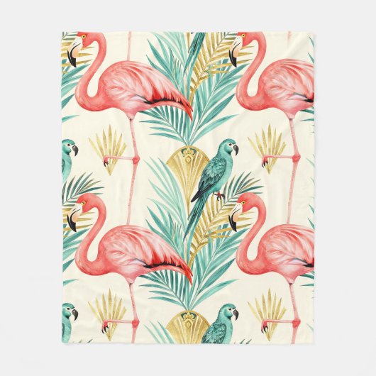 Tropischer Flamingo-Papageien-Dschungel Fleecedecke (Vorderseite)