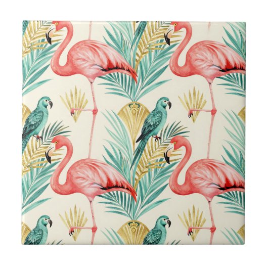 Tropischer Flamingo-Papageien-Dschungel Fliese (Vorderseite)