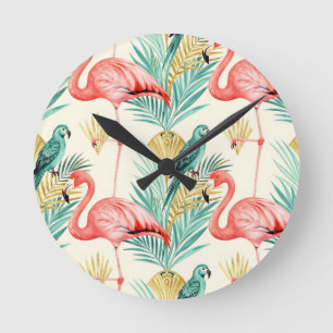 Tropischer Flamingo-Papageien-Dschungel Runde Wanduhr