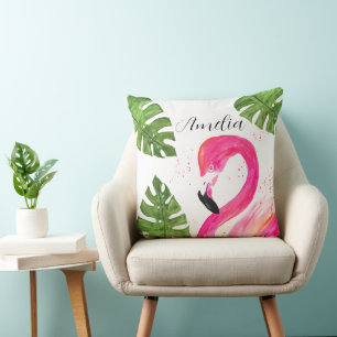 Tropischer Flamingo Pink Palm Blätter Grüne Kunst  Kissen