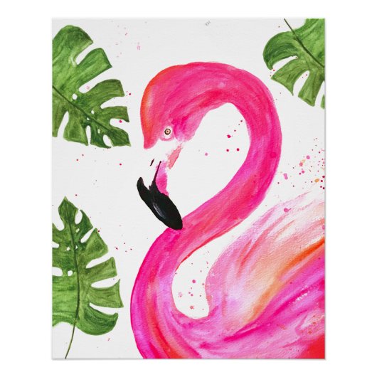 Tropischer Flamingo Pink Palm Blätter Grüne Kunst Poster (Vorderseite)