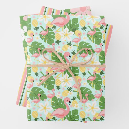 Tropischer Flamingo Retro Daisy Blume Streifen Wra Geschenkpapier Set (Beispiel)