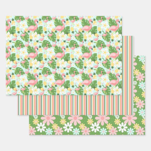 Tropischer Flamingo Retro Daisy Blume Streifen Wra Geschenkpapier Set (Set)