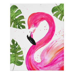 Tropischer Flamingo Rosa Palmenblätter Grüne Kunst Poster