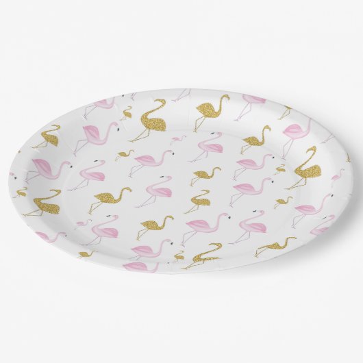 Tropischer Flamingo-Rosa- und Goldpapier-Teller Pappteller (Schrägansicht)