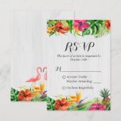 Tropischer Flamingo Rustic Wood Wedding RSVP Karte (Vorne/Hinten)