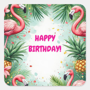 🌴 Tropischer Flamingo-Sommerrahmen mit üppigen Bl Quadratischer Aufkleber