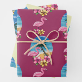 Tropischer Flamingo Strand, Palmen Tree und Blume Geschenkpapier Set