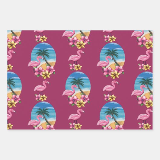 Tropischer Flamingo Strand, Palmen Tree und Blume Geschenkpapier Set (Vorderseite)