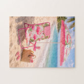 Tropischer Flamingo Strandstuhl & Sonnenschirm Puzzle (Horizontal)