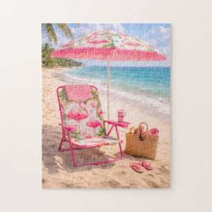 Tropischer Flamingo Strandstuhl & Sonnenschirm Puzzle