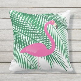 Tropischer Flamingo u. Palmblätter auf dem Weiß - Kissen Für Draußen