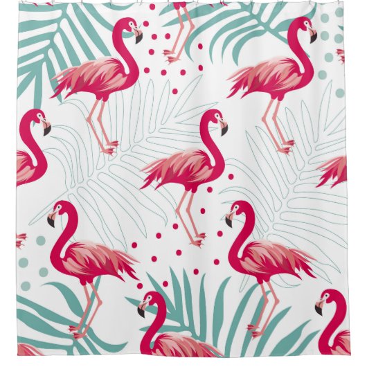 Tropischer Flamingo und Blätter, Sommermuster. Duschvorhang (Vorderseite)
