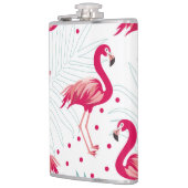 Tropischer Flamingo und Blätter, Sommermuster. Flachmann (Links)