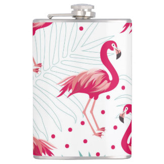 Tropischer Flamingo und Blätter, Sommermuster. Flachmann