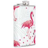 Tropischer Flamingo und Blätter, Sommermuster. Flachmann (Rechts)