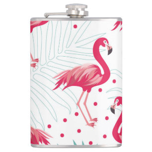 Tropischer Flamingo und Blätter, Sommermuster. Flachmann