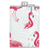 Tropischer Flamingo und Blätter, Sommermuster. Flachmann (Rückseite)