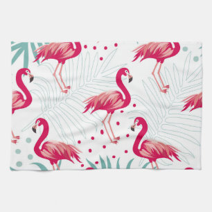 Tropischer Flamingo und Blätter, Sommermuster. Geschirrtuch