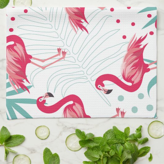 Tropischer Flamingo und Blätter, Sommermuster. Geschirrtuch (Gefaltet)
