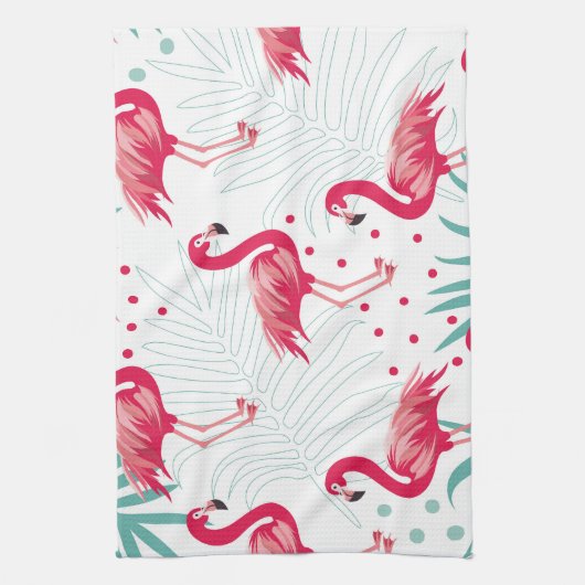 Tropischer Flamingo und Blätter, Sommermuster. Geschirrtuch (Vertikal)