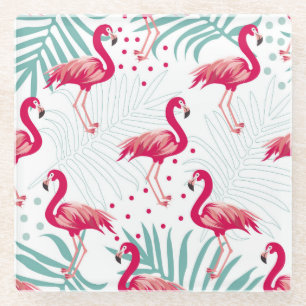 Tropischer Flamingo und Blätter, Sommermuster. Glasuntersetzer
